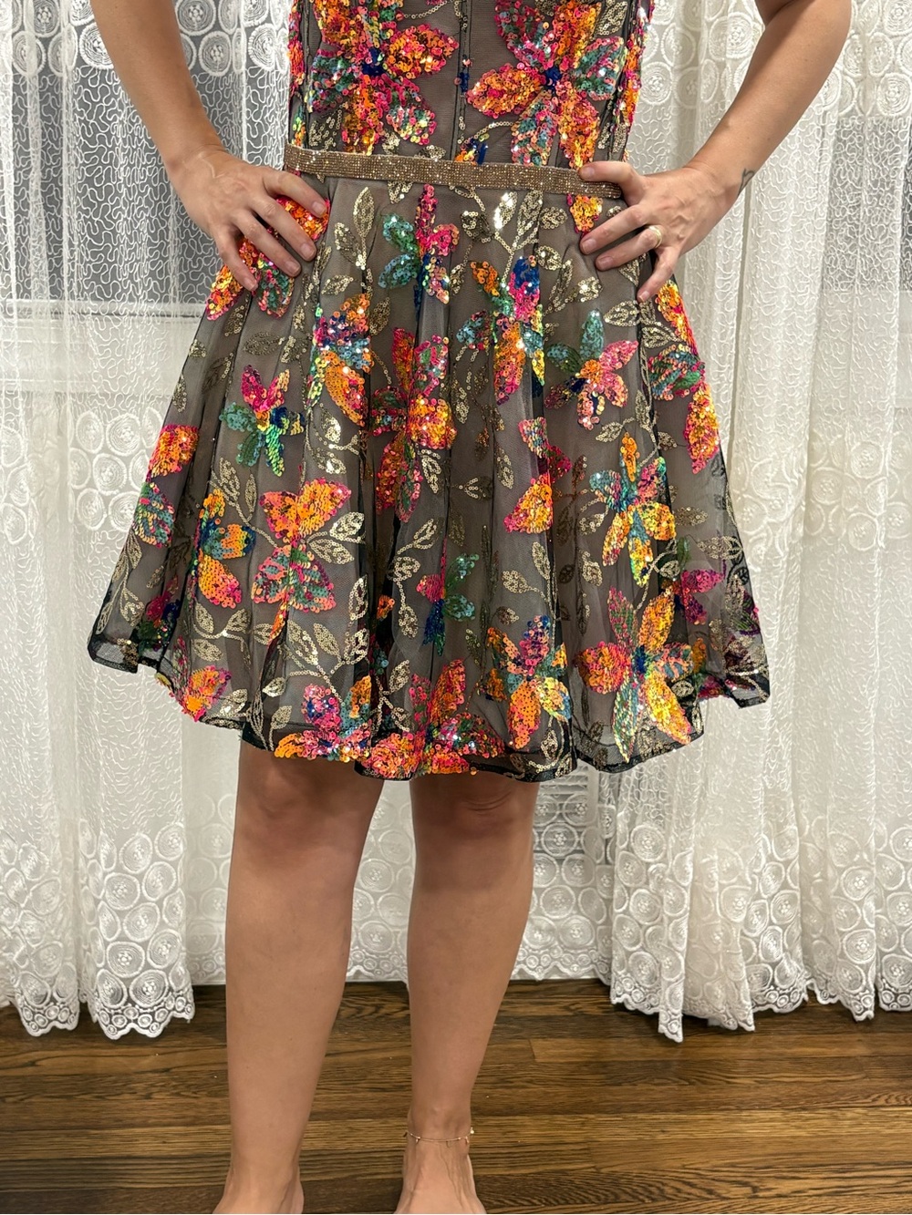Bronx and Banco Brown Mini Dress with Multicolor Sequin Floral Embroidery - Picture 14 of 16